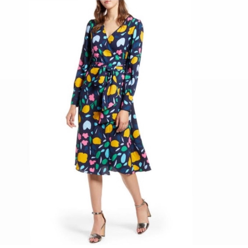 Beautiful Halogen Flower Print Wrap Dress with tie back and button sleeves
